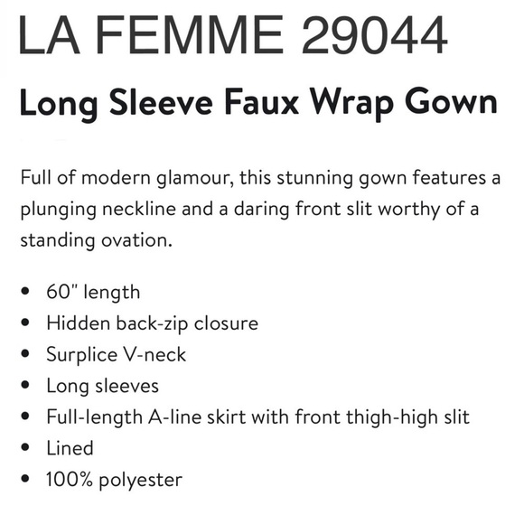 LA FEMME 29044 RED LONG SLEEVE STRETCH FAUX WRAP SURPLICE THIGH HIGH SLIT GOWN - Picture 2 of 14